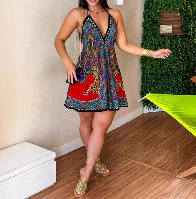 Vestido Midi indiano –  Decote em V - Alças e Estampa Tribal, Perfeito para todas Ocasiões