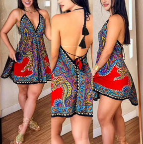 Vestido Midi indiano –  Decote em V - Alças e Estampa Tribal, Perfeito para todas Ocasiões