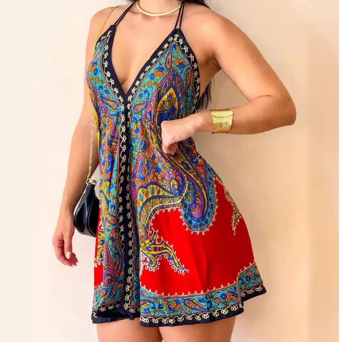 Vestido Midi indiano –  Decote em V - Alças e Estampa Tribal, Perfeito para todas Ocasiões