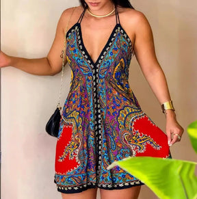 Vestido Midi indiano –  Decote em V - Alças e Estampa Tribal, Perfeito para todas Ocasiões